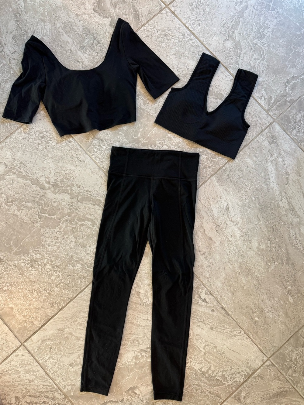 Athleta 3-Piece XS Black Set: Black Ribbed Sports Bra, Crop Top & Leggings